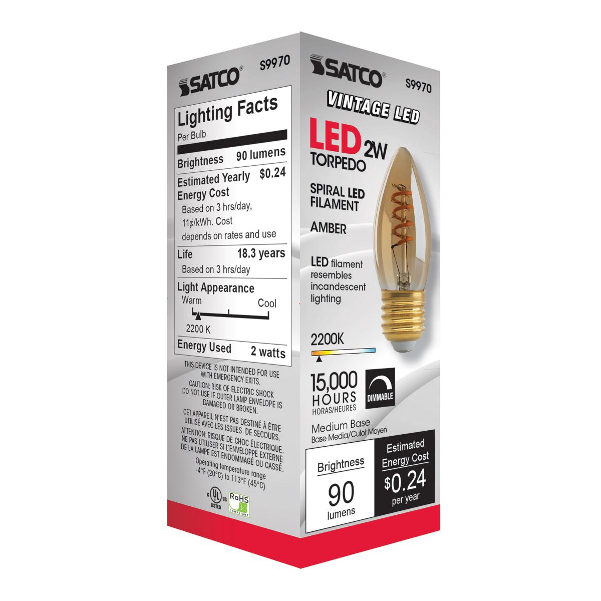 B10 Spiral LED Filament Bulb, 2 Watts, 90 Lumens, 2000K, E26 Medium Base, Amber Finish