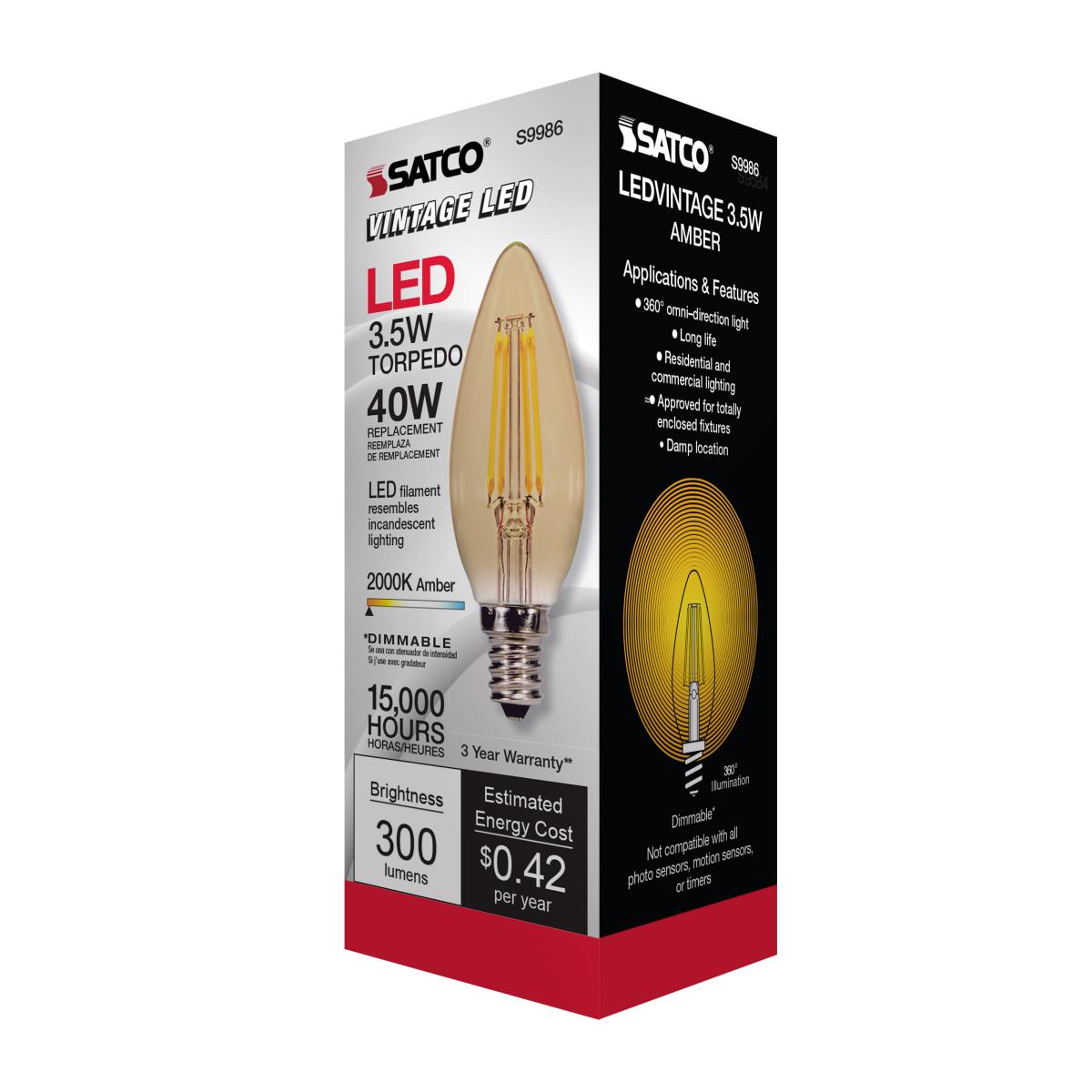 B11 Candle Filament LED Bulb, 4W, 300 Lumens, 2000K, E12 Candelabra Base, Amber Finish