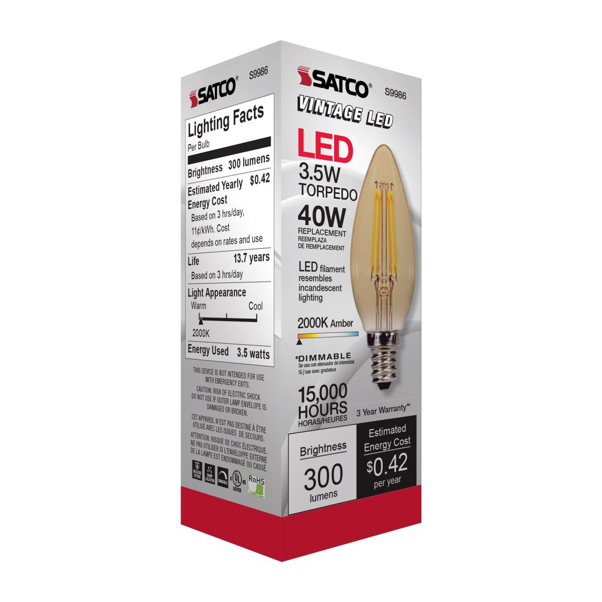 B11 Candle Filament LED Bulb, 4W, 300 Lumens, 2000K, E12 Candelabra Base, Amber Finish