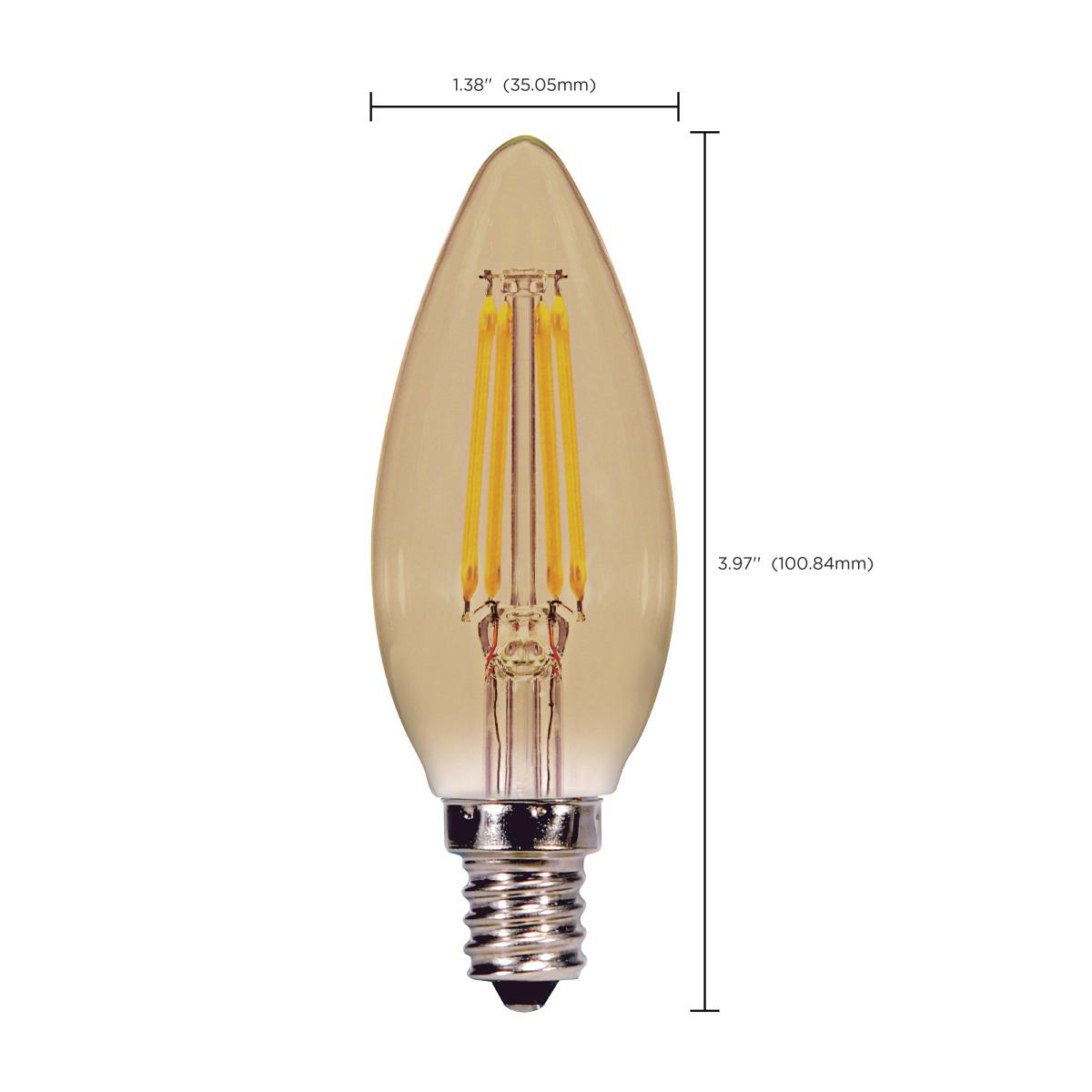 B11 Candle Filament LED Bulb, 4W, 300 Lumens, 2000K, E12 Candelabra Base, Amber Finish