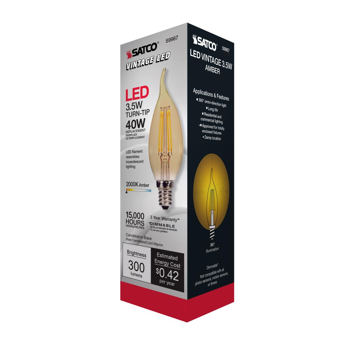 CA11 Filament LED Bulb, 4W, 300lm, 2000K, 40W Equal, E12 Candelabra Base, Amber Finish