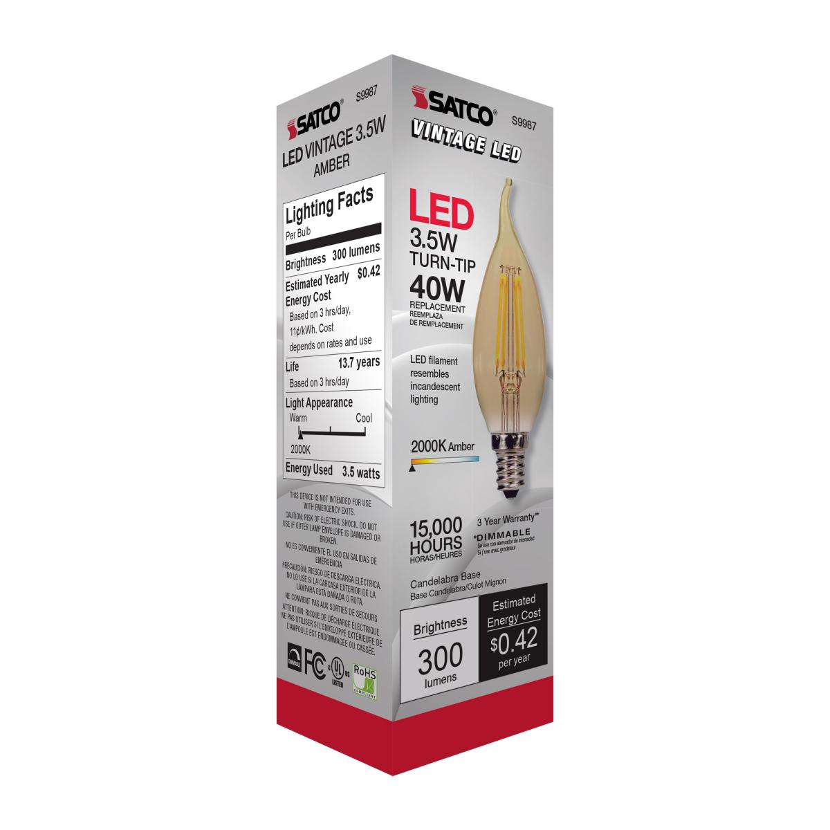 CA11 Filament LED Bulb, 4W, 300lm, 2000K, 40W Equal, E12 Candelabra Base, Amber Finish