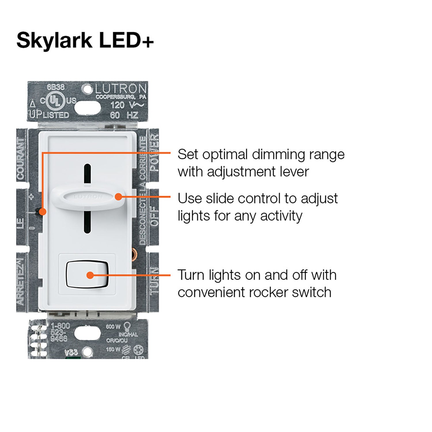 Skylark LED+ Dimmer Switch, 150-Watt, Single Pole or 3-Way, Black - Bees Lighting