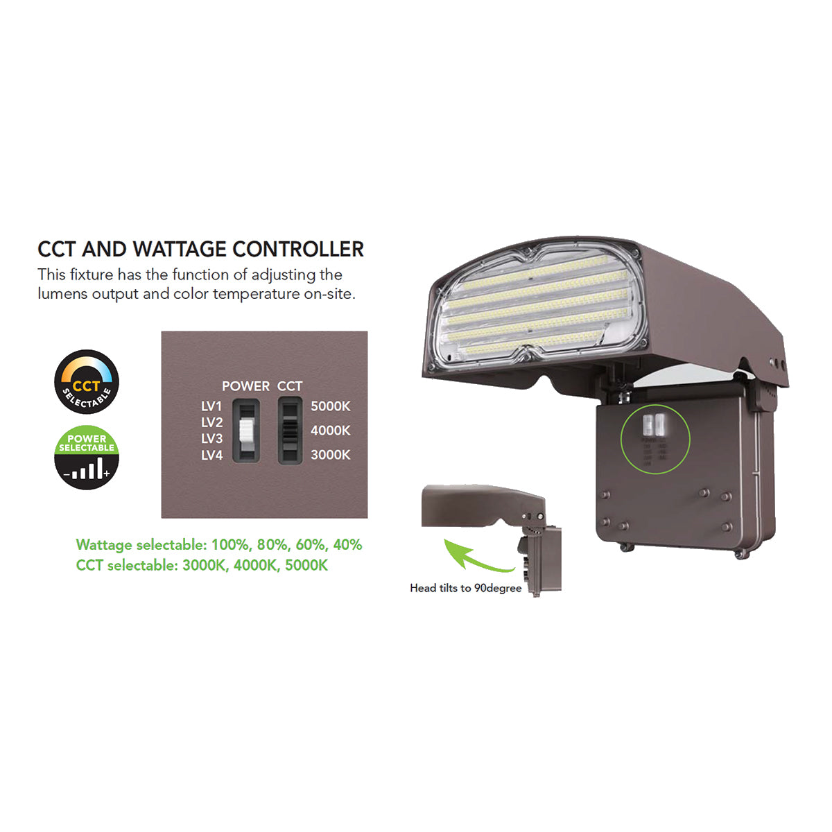 LED Adjustable Wall Pack, 16-40W, 5600 Lumens, 30K/40K/50K, On/Off Photocell, 120-277V, Bronze