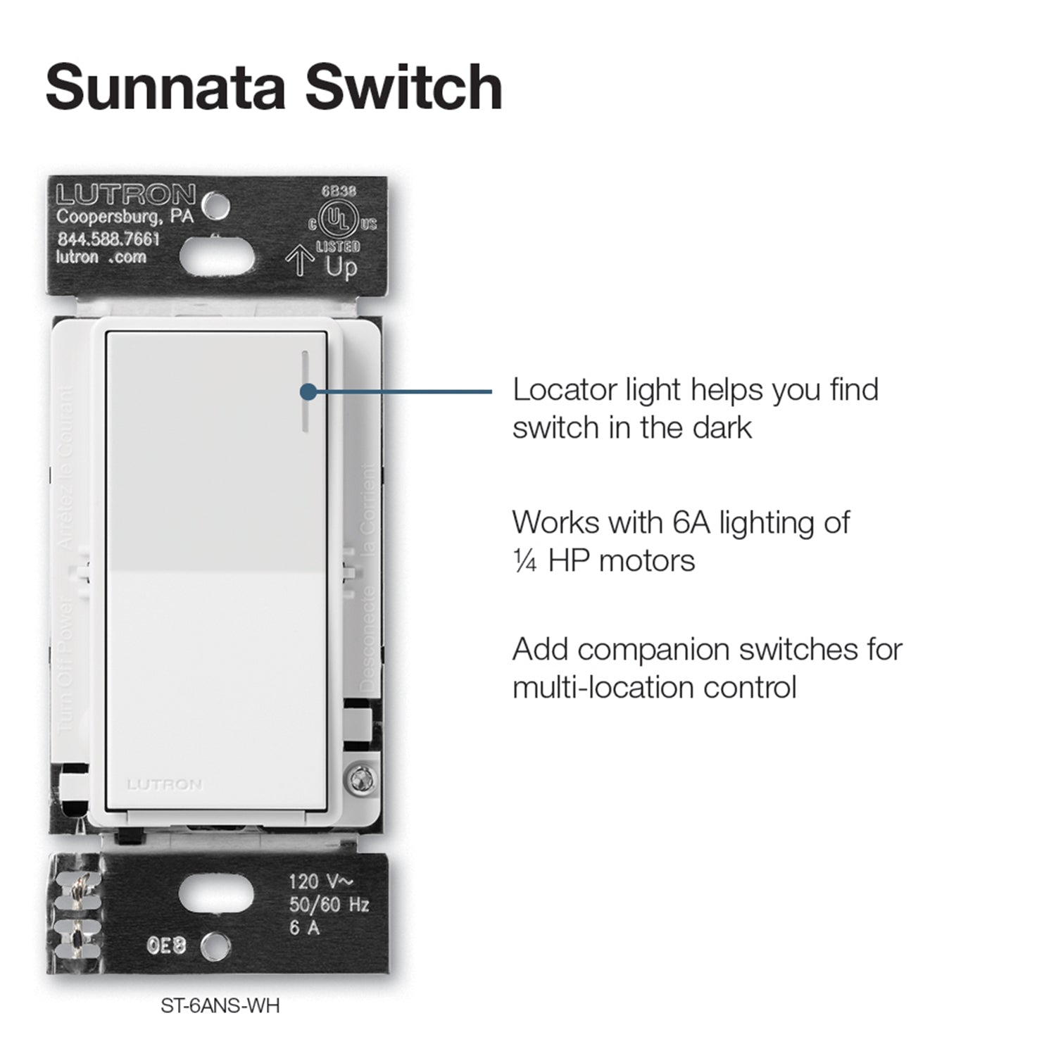 Sunnata Single Pole/Multi-Location Rocker Light Switch, Black