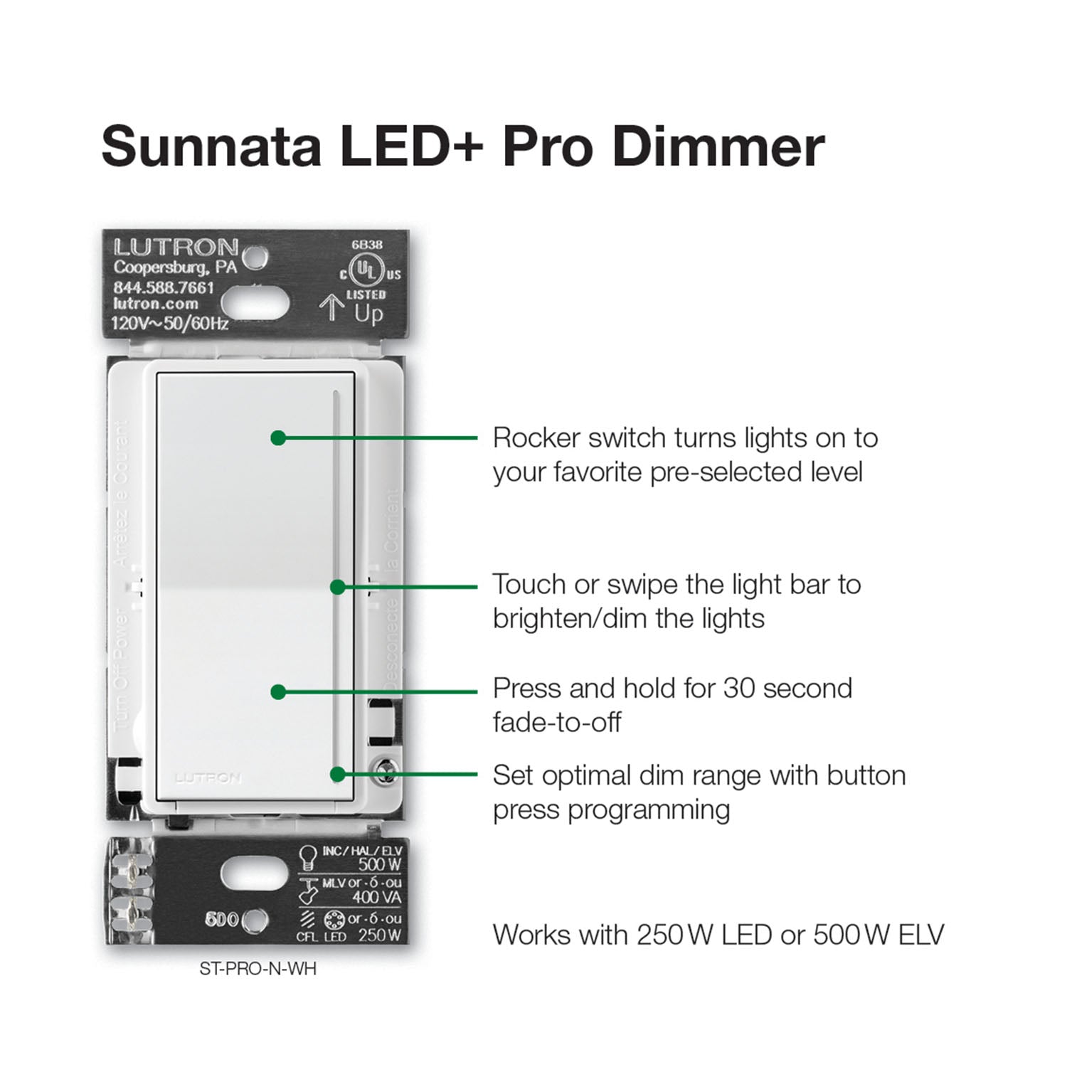 Sunnata PRO LED+ Touch Dimmer, 250W LED, 500W ELV, Single Pole/3-Way, Neutral Required, Light Almond