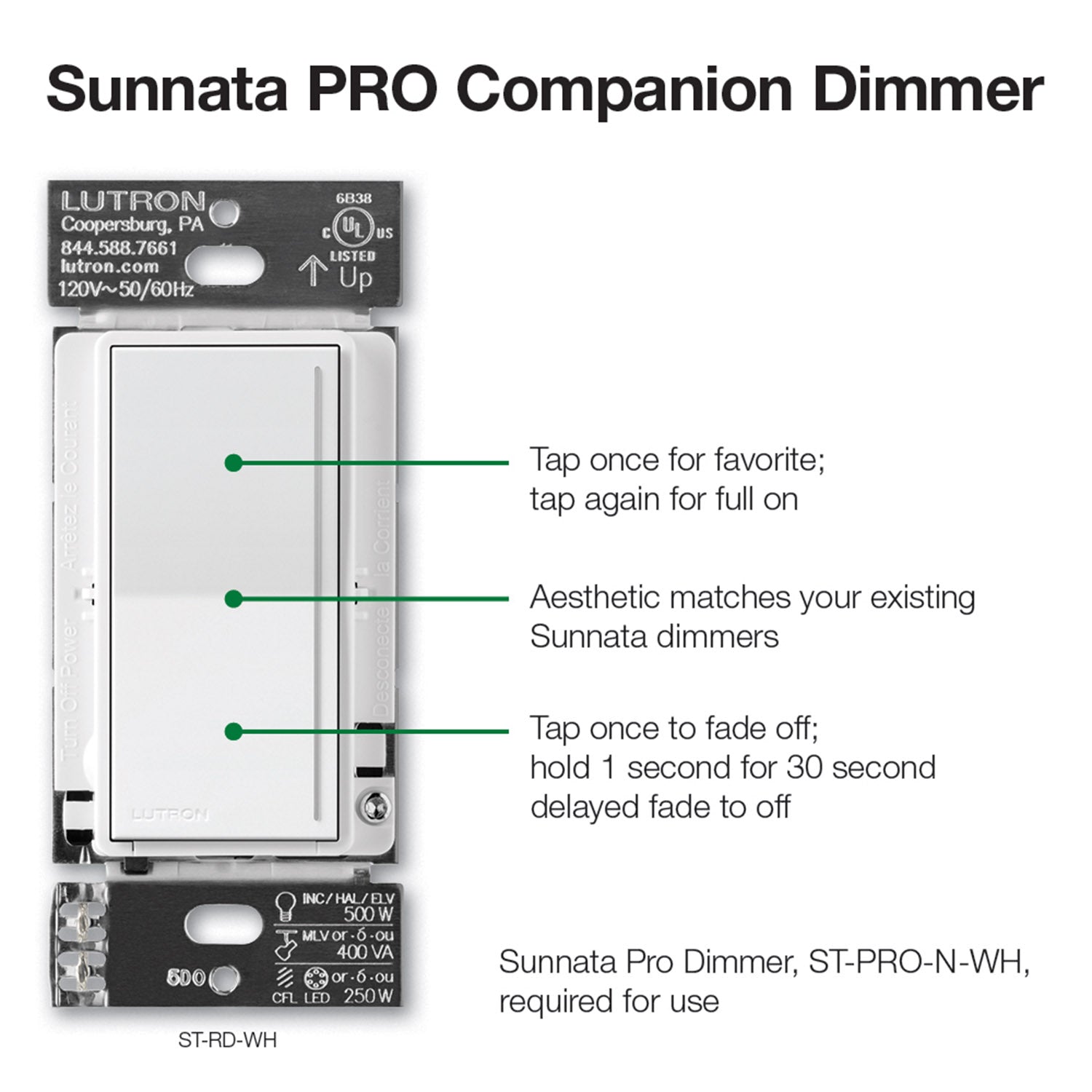 Lutron Sunnata PRO Companion Multi-Location Dimmer, Not for Standalone Use, White