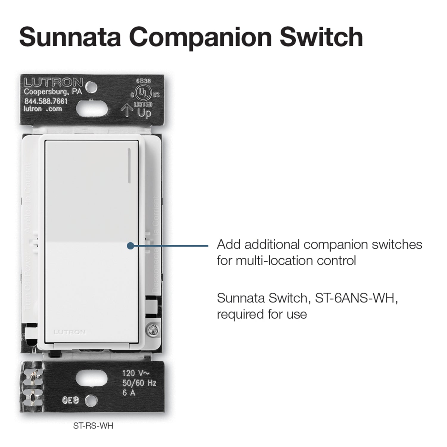 Lutron Sunnata Multi-Location Companion Switch, Not for Standalone Use, White