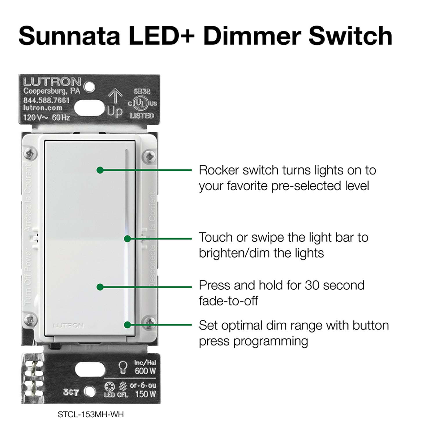 Sunnata LED+ Touch Dimmer Switch, 3-Way or Multi Location, White