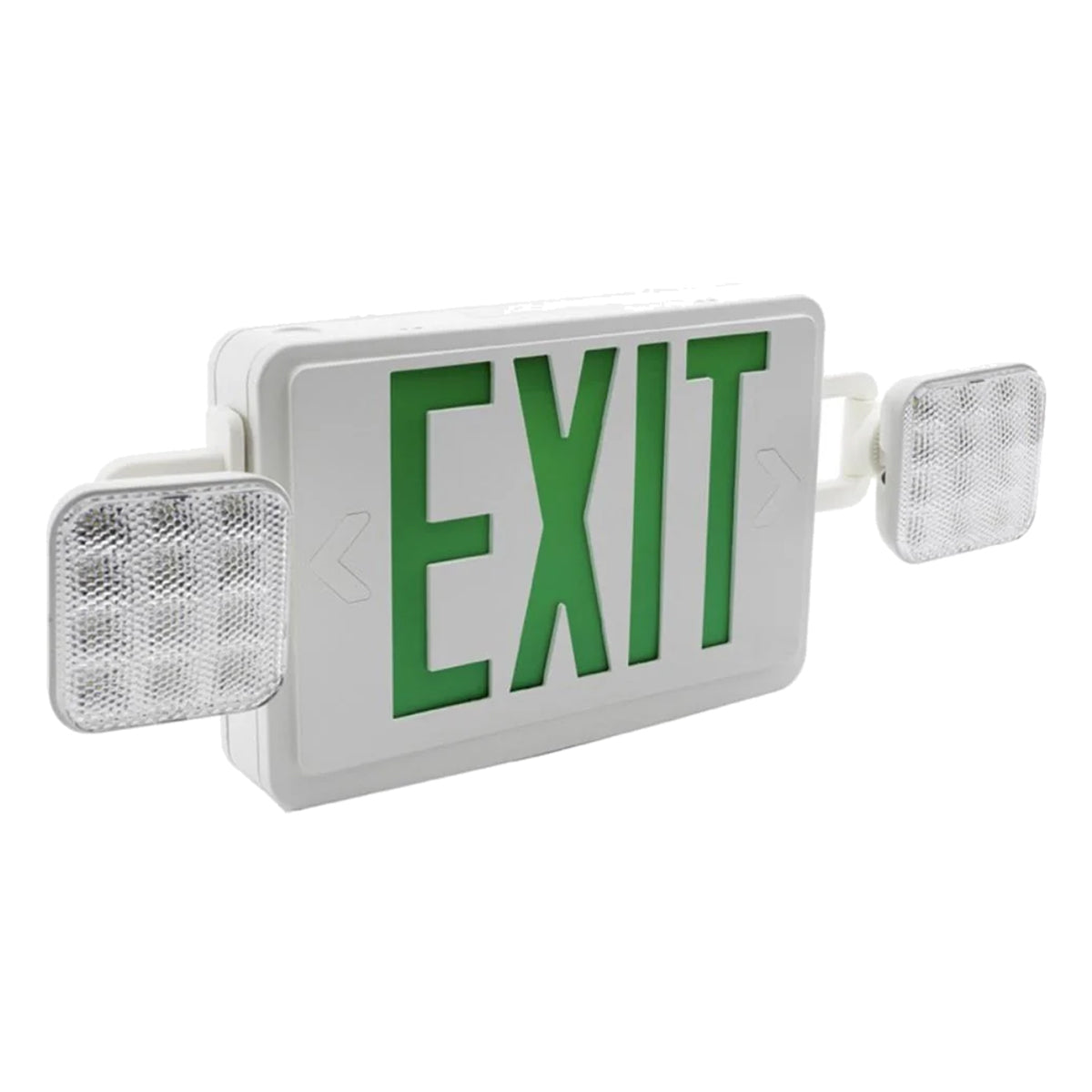 LED Combo Exit Sign, 2 Single Face with Green Letters, White, Battery Included, Square Head Lights