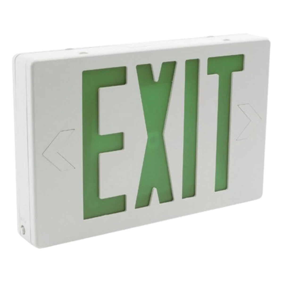 LED Exit Sign, Universal Face with Green Letters, White Finish, Battery Backup Included