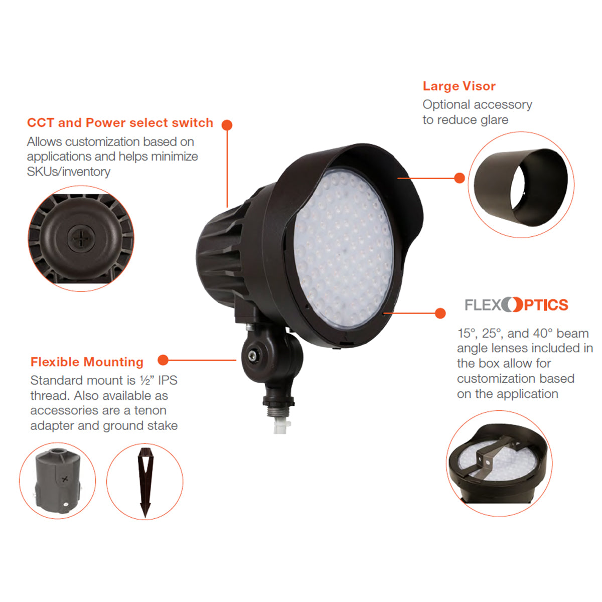 LED Bullet Spot Light, 4200Lm, 15|25|40 Deg. Lens, 30K|40K|50K, 120-347V - Bees Lighting