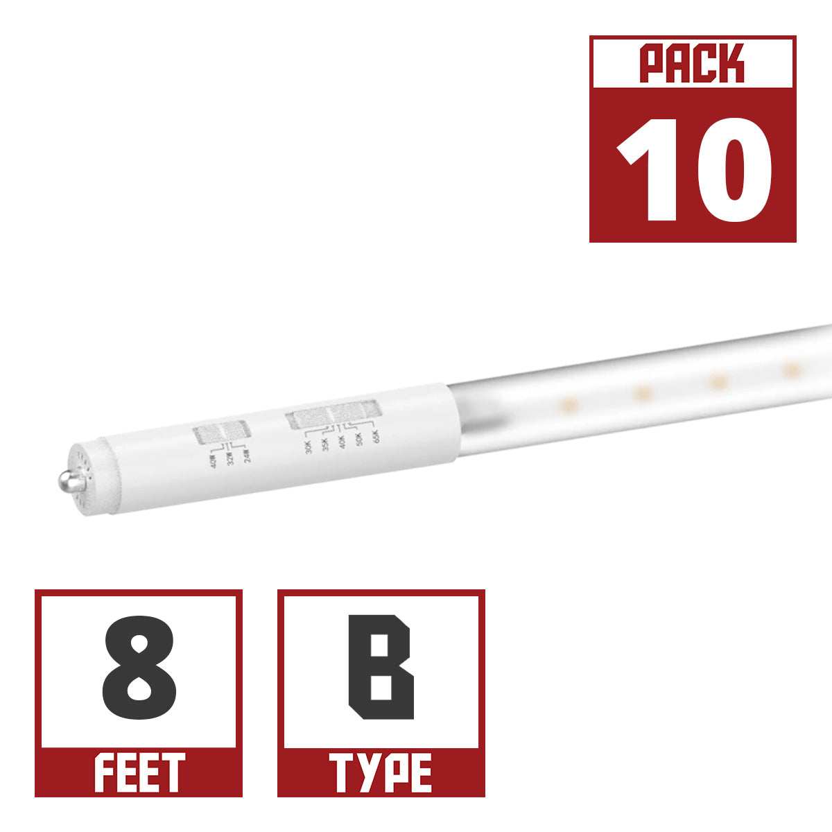 8ft LED T8 Tube, 24W|32W|40W, 5400lm, 3000K to 6500K, FA8/R17d base, Double End, Clear