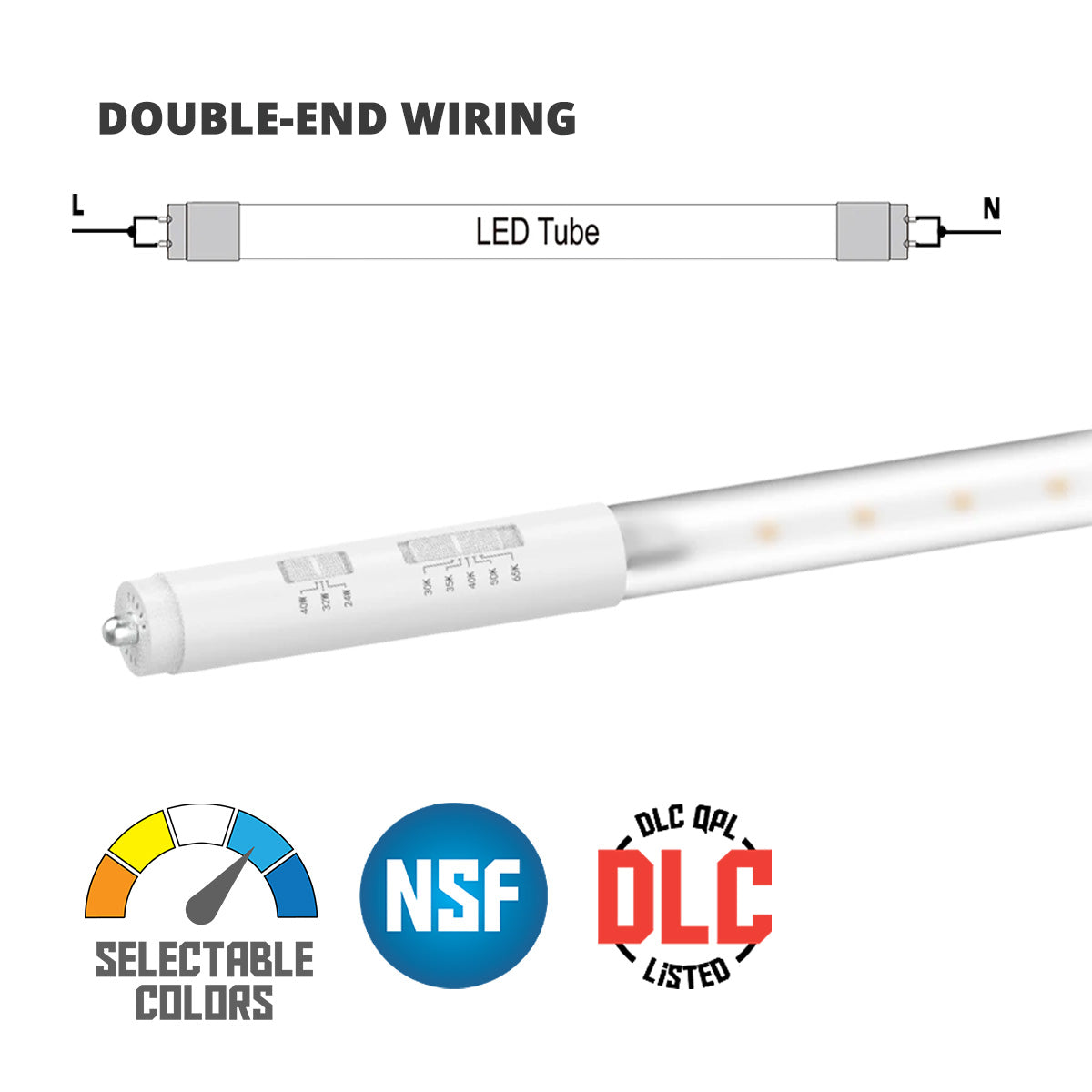 8ft LED T8 Tube, 24W|32W|40W, 5400lm, 3000K to 6500K, FA8/R17d base, Double End, Clear