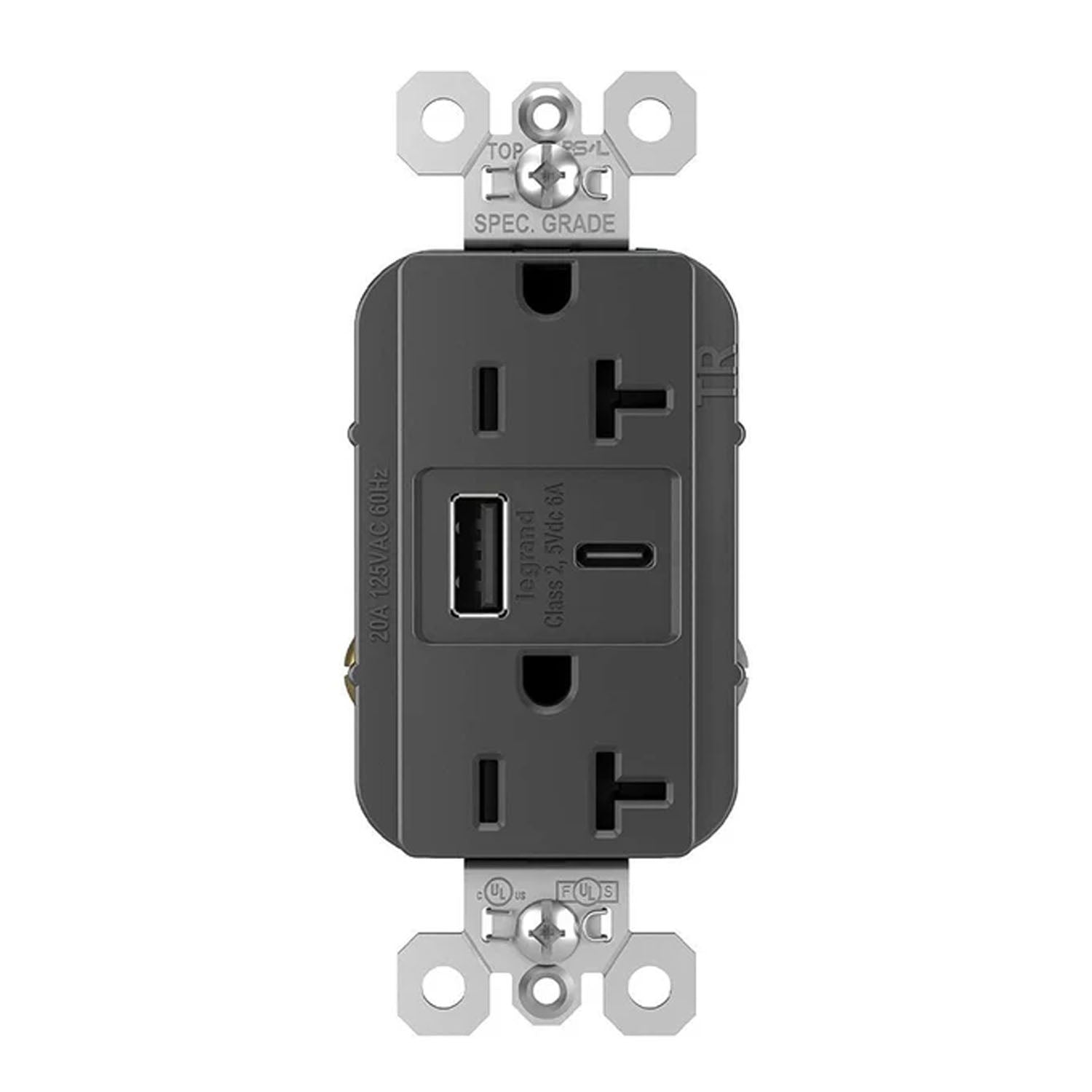 20 Amp Duplex Outlet with 6A USB-A/C Outlet Tamper-Resistant Black