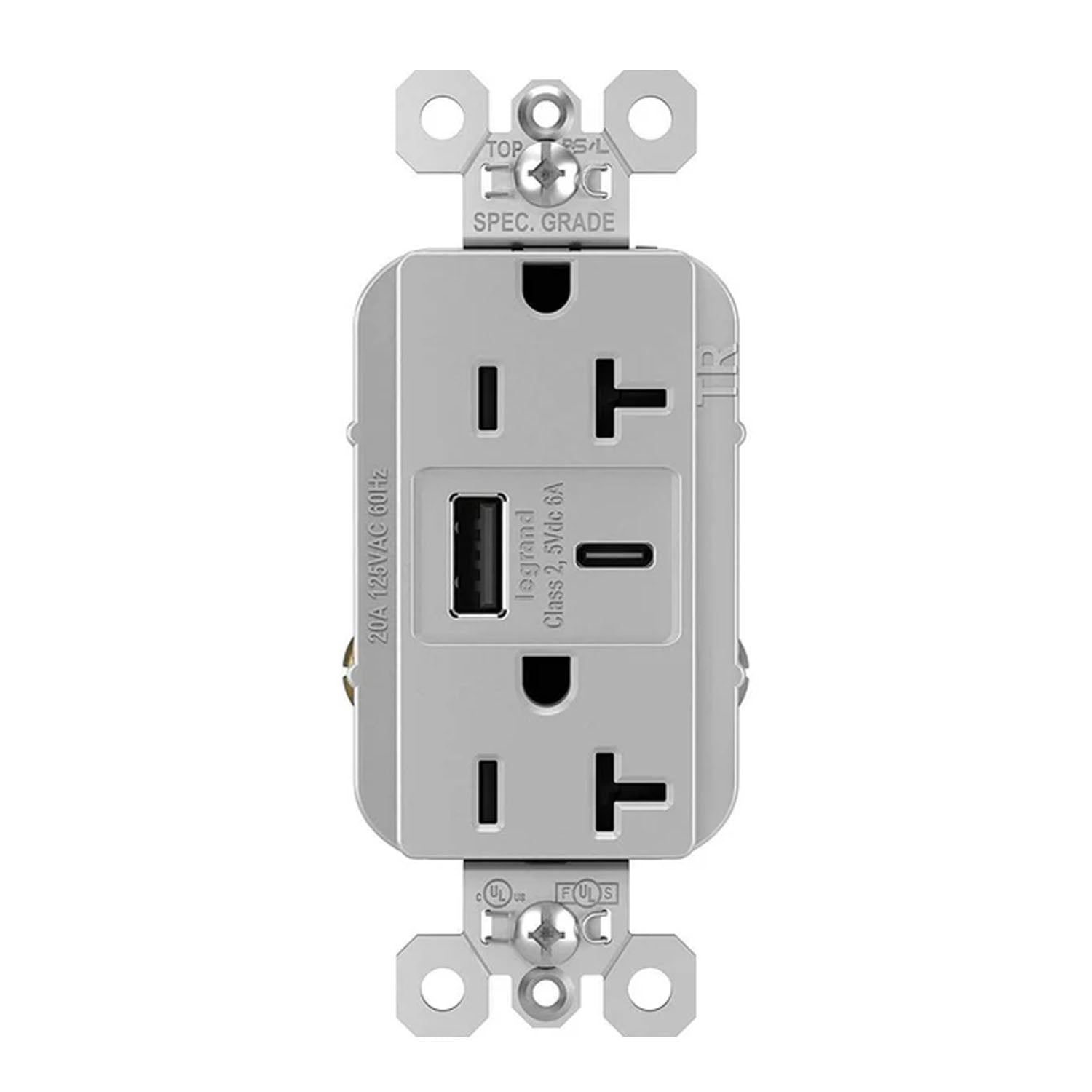 Tamper Resistant 20A Duplex Receptacle with USB Type A/C Fast Charging, Gray