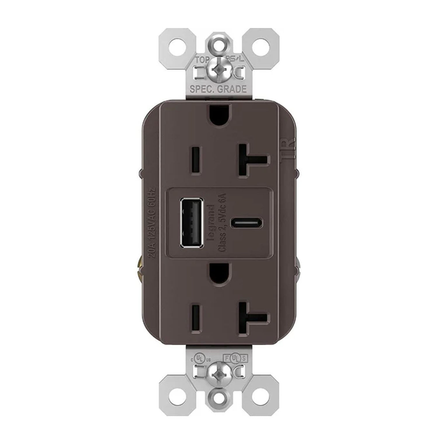 20 Amp Duplex Outlet with 6A USB-A/C Outlet Tamper-Resistant Brown