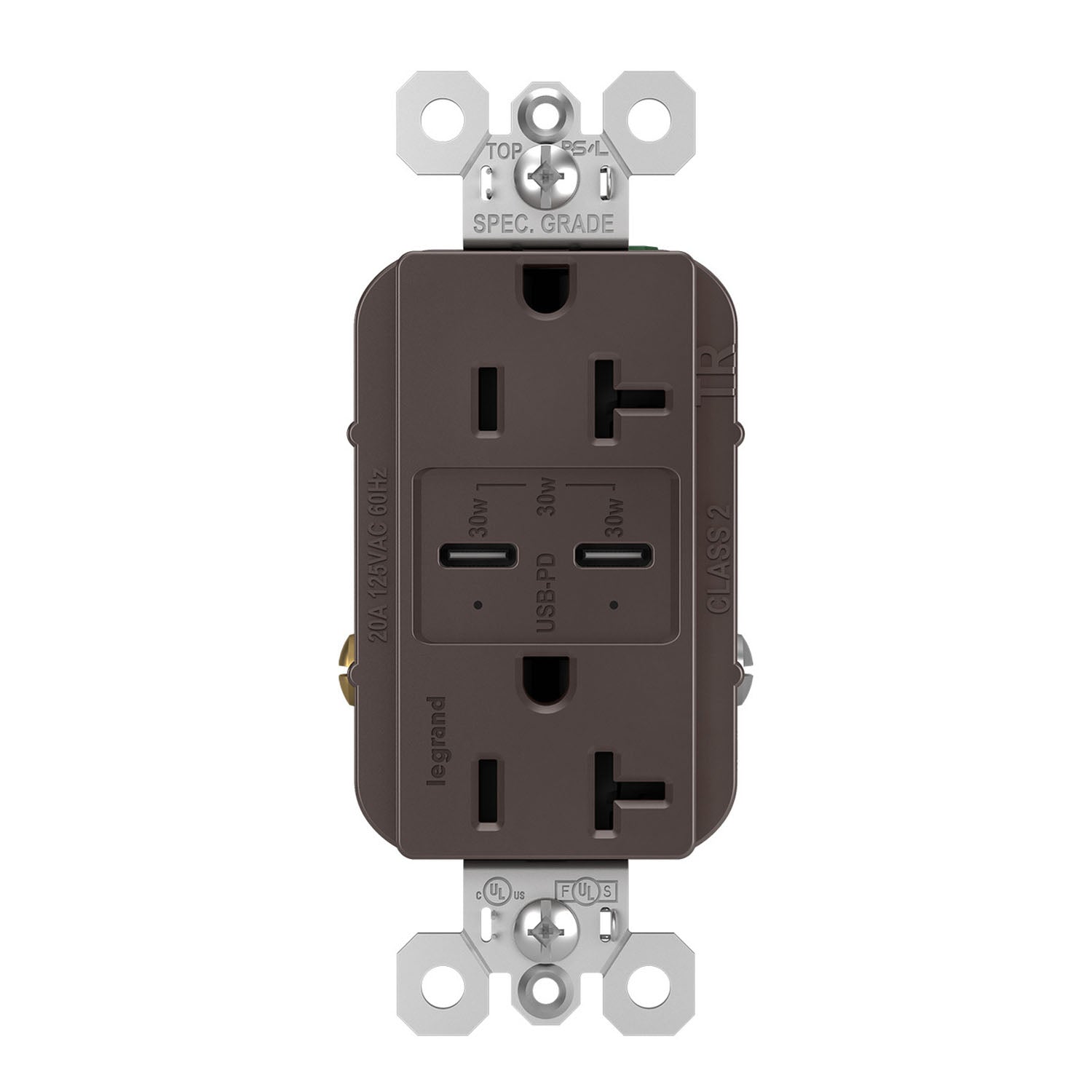 Radiant 20 Amp Duplex Outlet with 6A USB-C Outlet Tamper-Resistant Brown