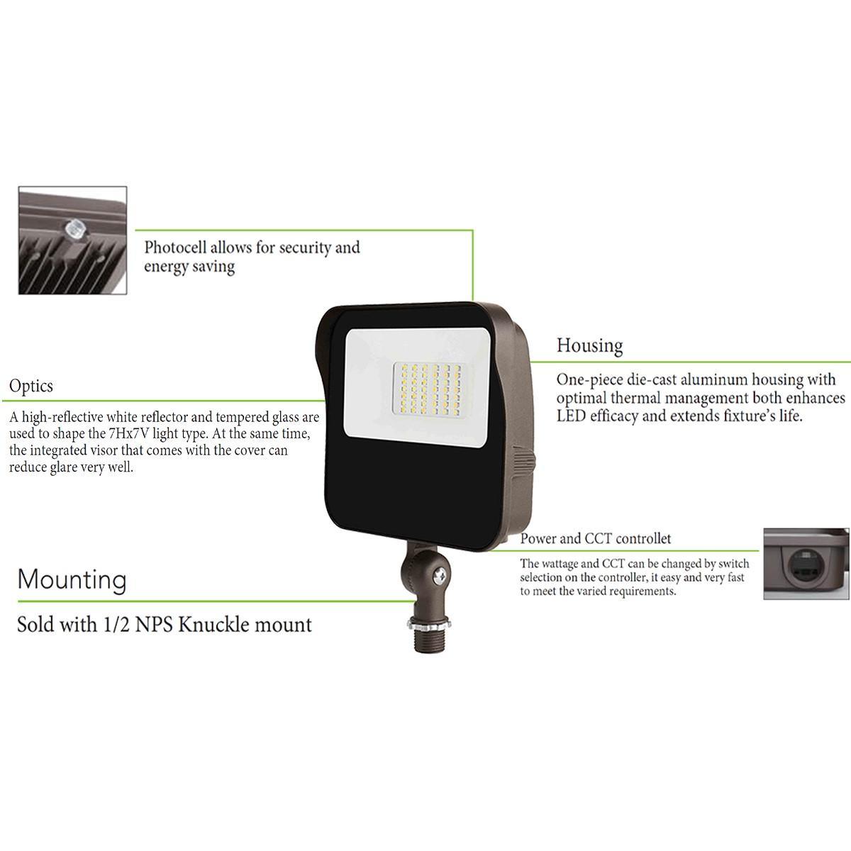 LED Flood Light, 2300 Lm, 15W, 30K|40K|50K, Photocell & Knuckle Mount, 120-277V - Bees Lighting