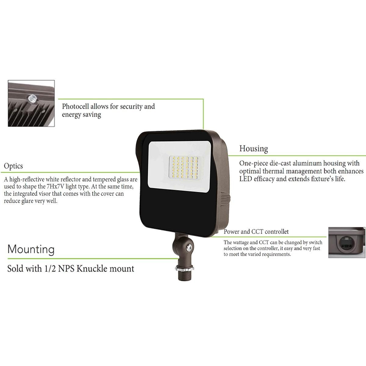 LED Flood Light, 9700 Lumens, 65W, 30K|40K|50K, Photocell & Knuckle Mount, 120-277V